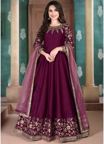 Purple Embroidered Anarkali Suit With Dupatta