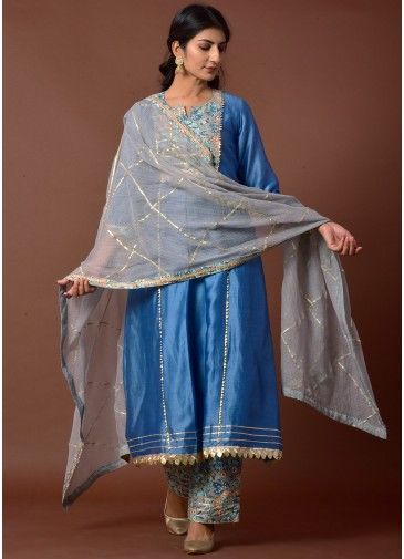 Readymade Blue Chanderi Silk Pant Salwar Suit