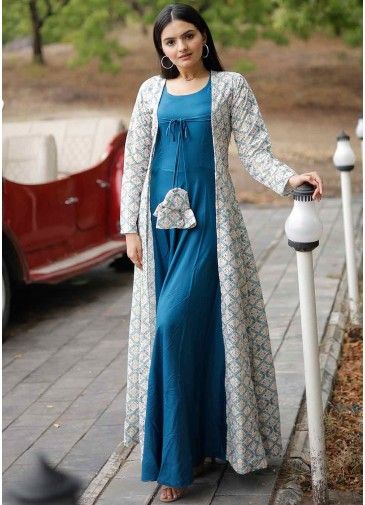 Blue Embroidered Readymade Jacket & Gown
