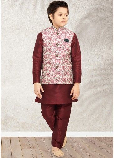 Maroon Art Silk Kurta Pajama With Jacket For Kids
