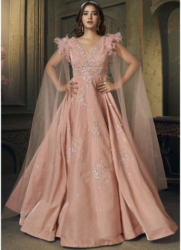 Peach Embroidered Readymade Gown In Organza