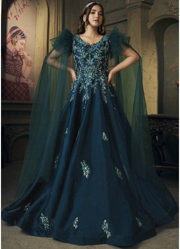 Blue Readymade Sequins Embellished Organza Gown