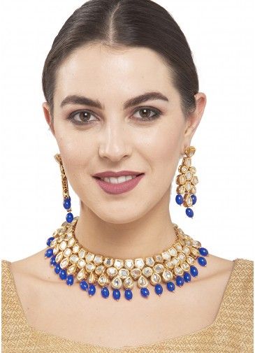 Pearls And Kundan Studded Blue Necklace With Earrings