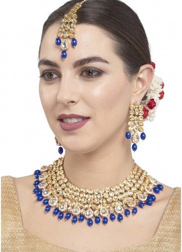 Pearls And Kundan Studded Blue Necklace Set