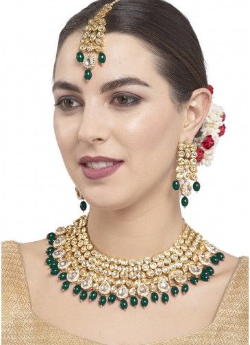 Kundan Studded And Pearls Green Necklace With Earrings