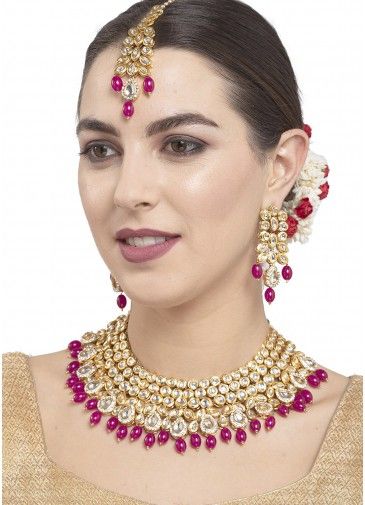 Pearls And Kundan Studded Pink Necklace Set