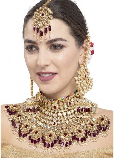 Kundan Studded And Pearls Choker Maroon Bridal Necklace Set