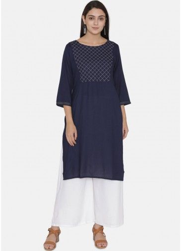 Navy Blue Embroidered Long Kurta With Palazzo