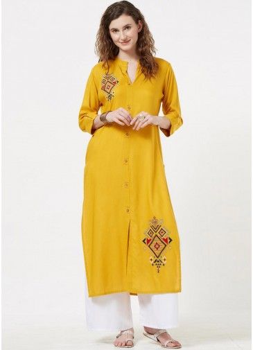 Yellow Readymade Embroidered Slit Style Kurta Set