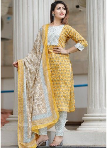 Yellow Floral Block Printed Readymade Pant Salwar Suit
