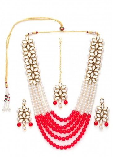 Red and White Pearl Beaded Multichain Necklace Set