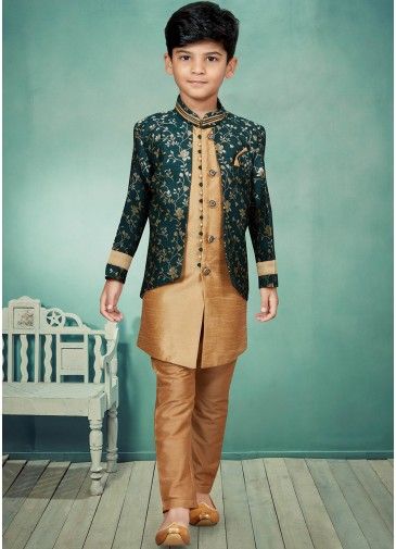 Green & Brown Readymade Jacket Style Kids Sherwani Set