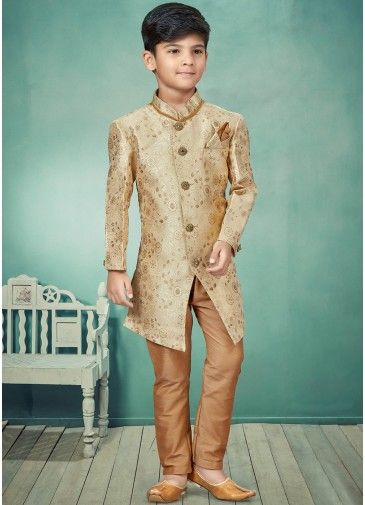 Golden Readymade Woven Kids Sherwani Set