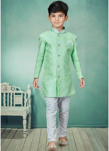 Green Readymade Kids Sherwani Set In Jacquard