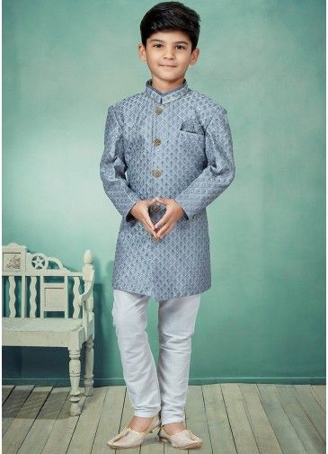Grey Embroidered Readymade Kids Sherwani Set