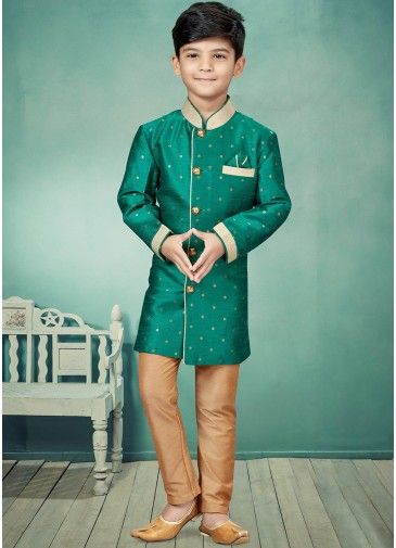 Green Woven Readymade Kids Indo Western