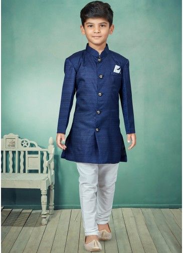 Blue Readymade Kids Indo Western In Jacquard