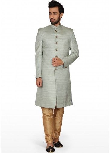 Grey Front Slit Readymade Sherwani In Silk