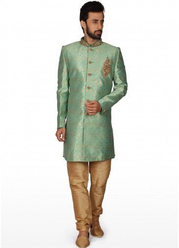 Green Woven Silk Readymade Sherwani Set