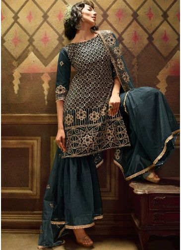 Teal Blue Net Embroidered Gharara Suit With Dupatta