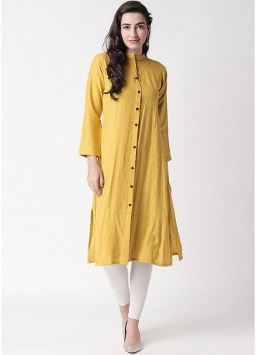 Readymade Yellow Rayon Front Slit Style Kurta Set
