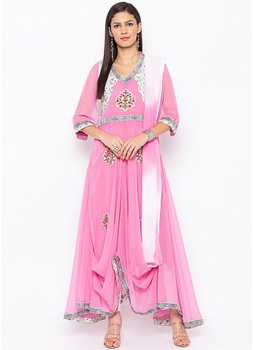 Pink Readymade Asymmetric Cowl Style Pant Salwar Suit