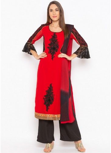 Red Embroidered Readymade Bell Sleeved Palazzo Suit