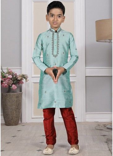 Readymade Turquoise Color Art Silk Kids Kurta Pajama