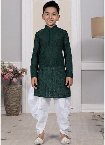 Readymade Green Color Silk Kids Dhoti Kurta