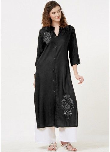 Black Readymade Embroidered Slit Style Kurta Set
