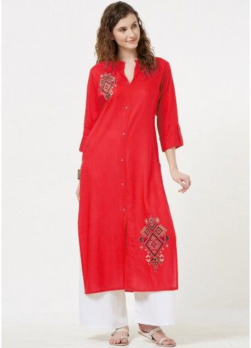Red Embroidered Slit Style Long Kurta With Palazzo