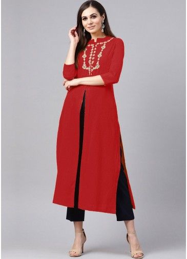 Readymade Red Slit Style Long Kurta With Pant