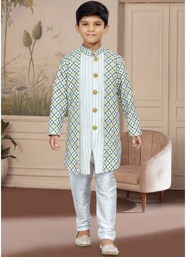 White Readymade Embroidered Kids Jacket Style Sherwani