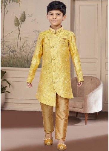 Yellow Asymmetric Readymade Kids Sherwani Set