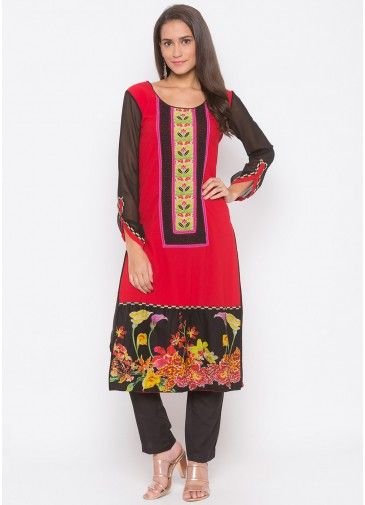 Red Readymade Floral Printed Border Kurta With Pant