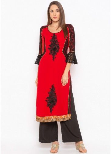 Red Embroidered Readymade Bell Sleeved Kurta Set