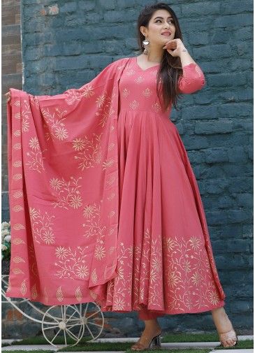 Readymade Peach Floral Block Printed Anarkali Suit