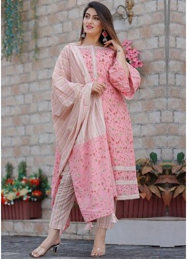 Peach Floral Printed Readymade Pant Salwar Suit