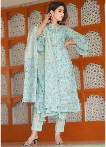 Readymade Blue Floral Printed Bell Sleeved Pant Suit