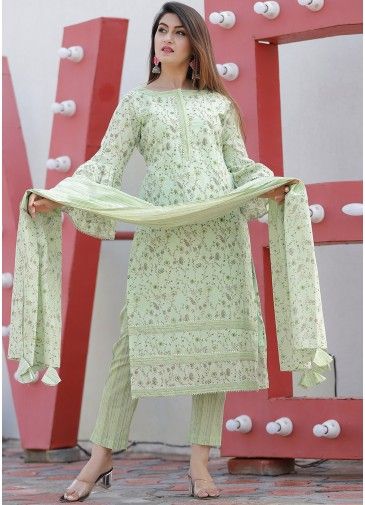Green Floral Printed Readymade Pant Salwar Suit