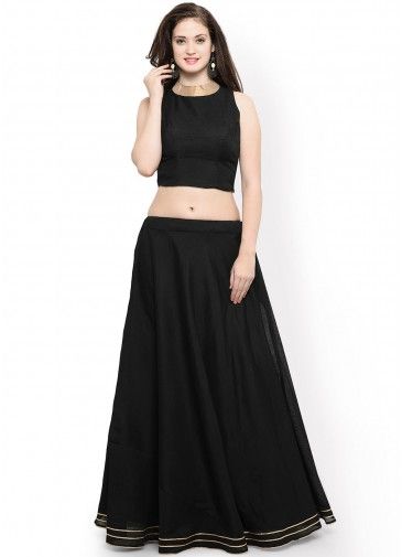 Black Dupion Silk Readymade Top Skirt Set