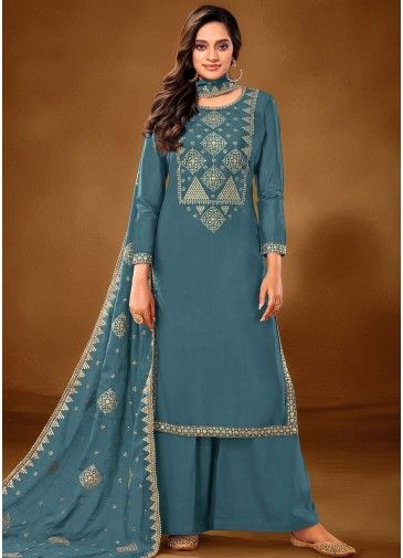 Blue Cotton Embroidered Palazzo Suit With Dupatta