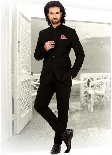 Buy MANQ Men Black Solid Slim Fit Bandhgala Suit (Size: 34) at Amazon.in