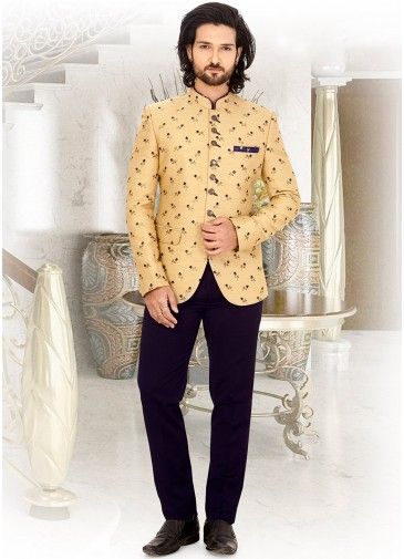 Beige Art Silk Jacquard Woven Bandhgala Jodhpuri Suit