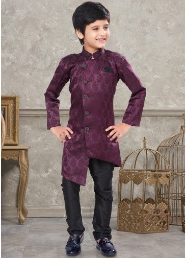 Purple Asymmetric Woven Sherwani Set