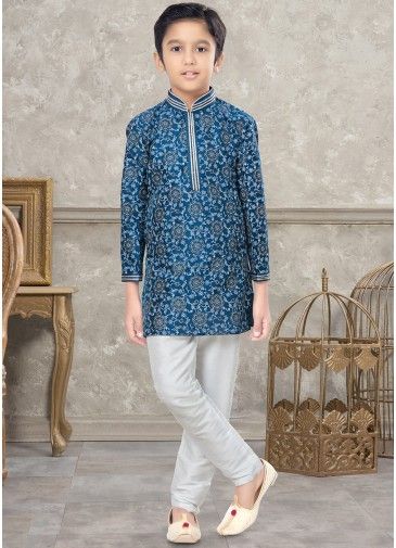 Blue Dupion Silk Kurta Pajama In Digital Print