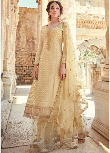Cream Straight Cut Embroidered Palazzo Suit With Dupatta