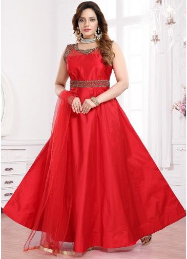 Red Art Silk Readymade Anarkali Suit With Dupatta