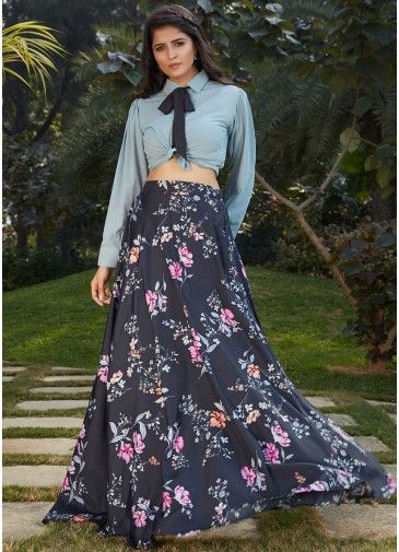 Readymade Blue Top With Floral Printed Long Skirt