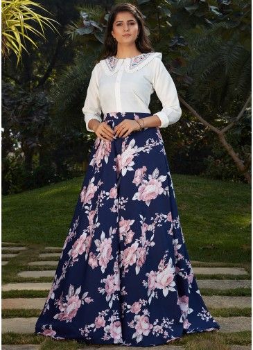 Readymade Blue Top With Floral Printed Long Skirt 358TB01